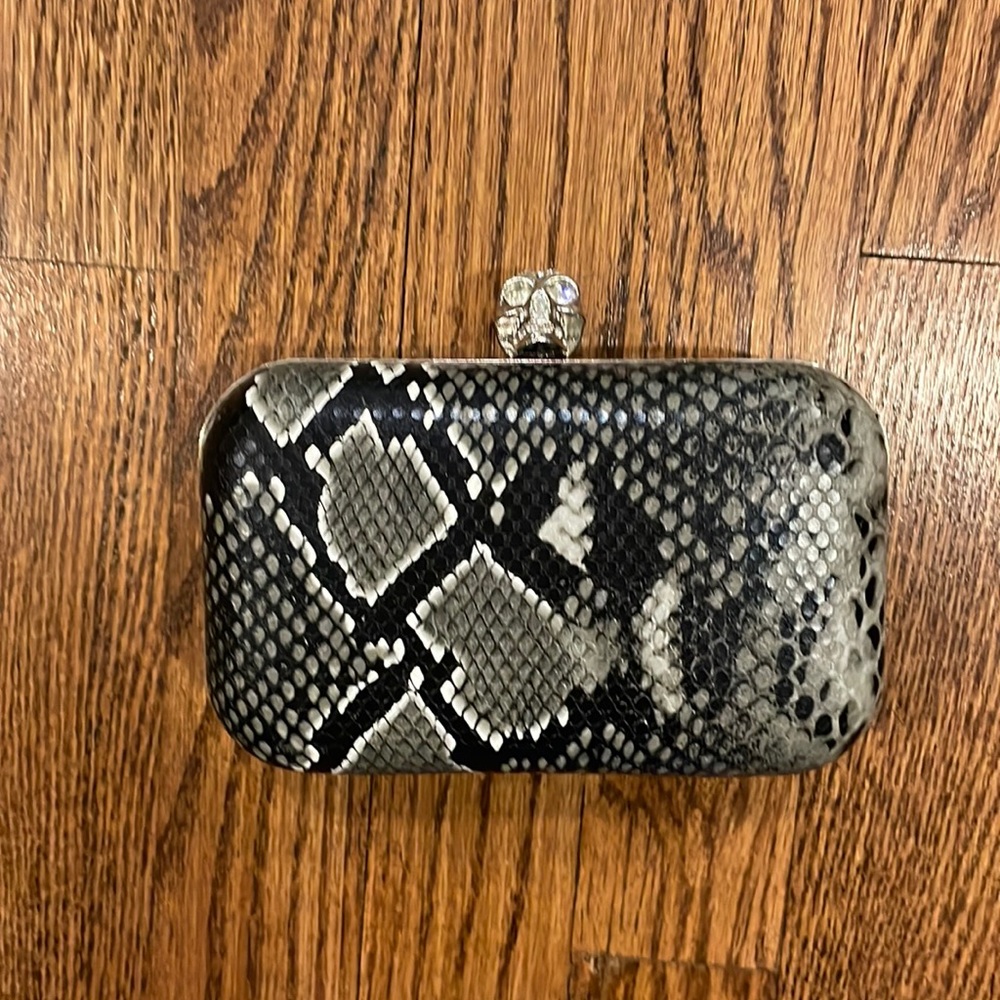 Snakeskin faux clutch black and grey with Crystal skull latch and 2 chains
